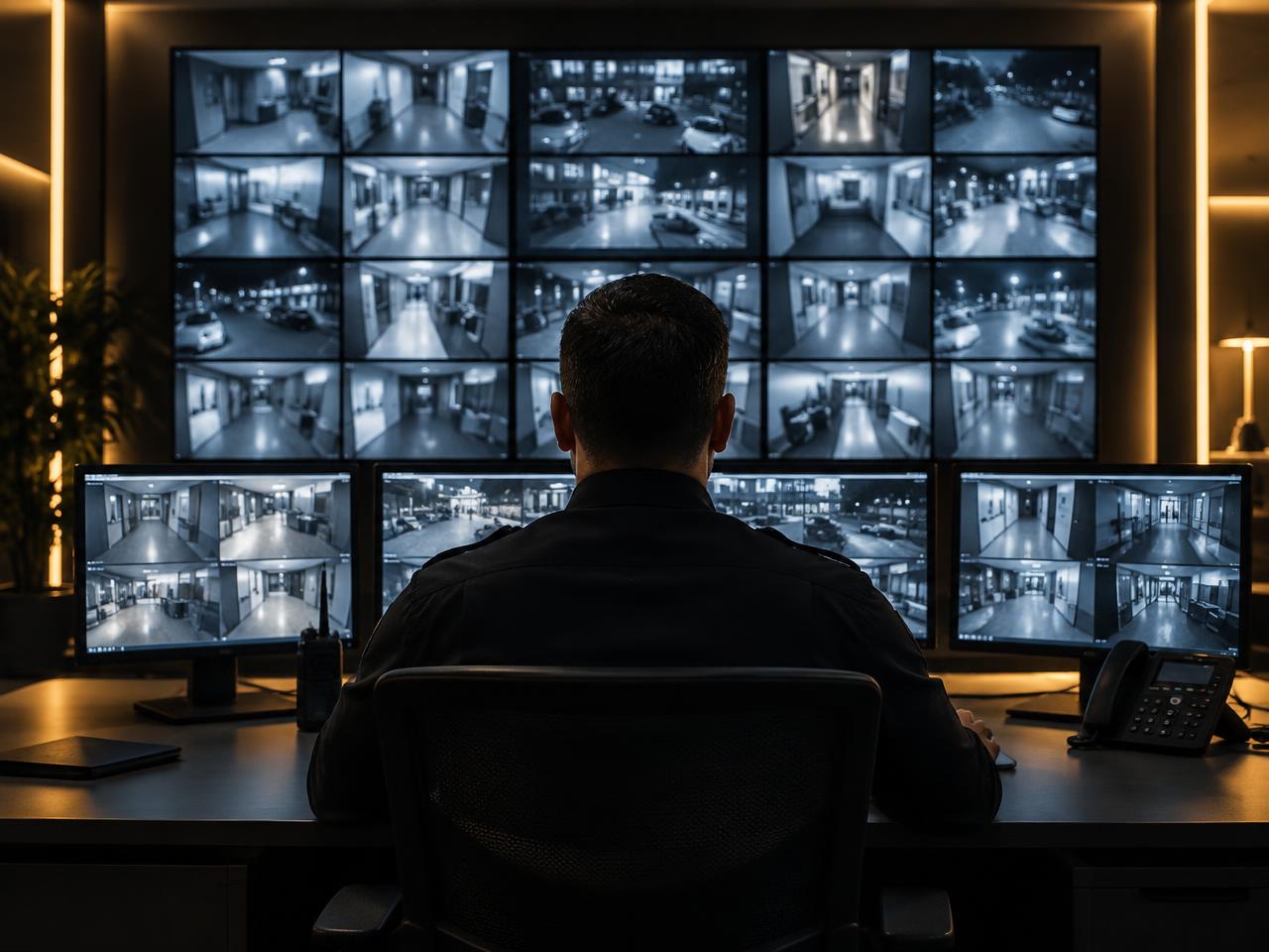 Security operator monitoring CCTV screens in a control room